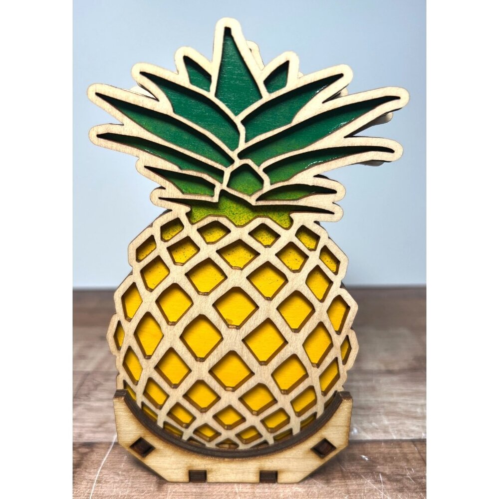 4 Pineapple-Shaped Wooden Coasters With Holder Handcrafted Laser-Cut Design